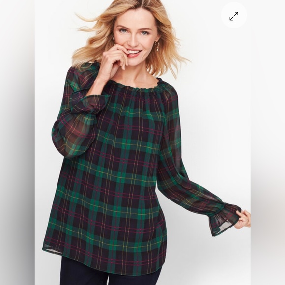 TALBOTS Petite Plaid Popover Blouse Top Shirt Tartan Flowy Green Black Pink - Picture 5 of 14